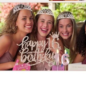 Triplets Happy 16th Birthday Rose Gold Party Tiara & Sash Cake Display Set